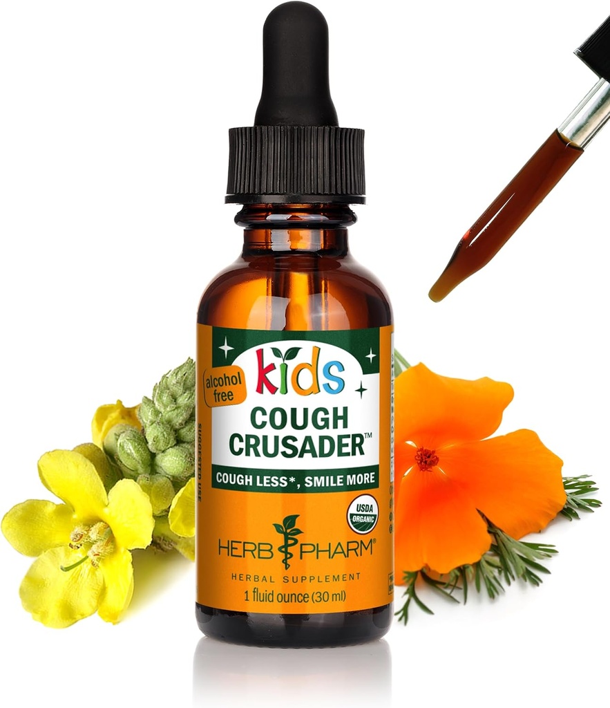 Herb Pharm Kids Certified-Organic Alcohol-Free Cough Crusader Liquid Herbal Fórmula, Wild Cherry, 1 Fl Oz