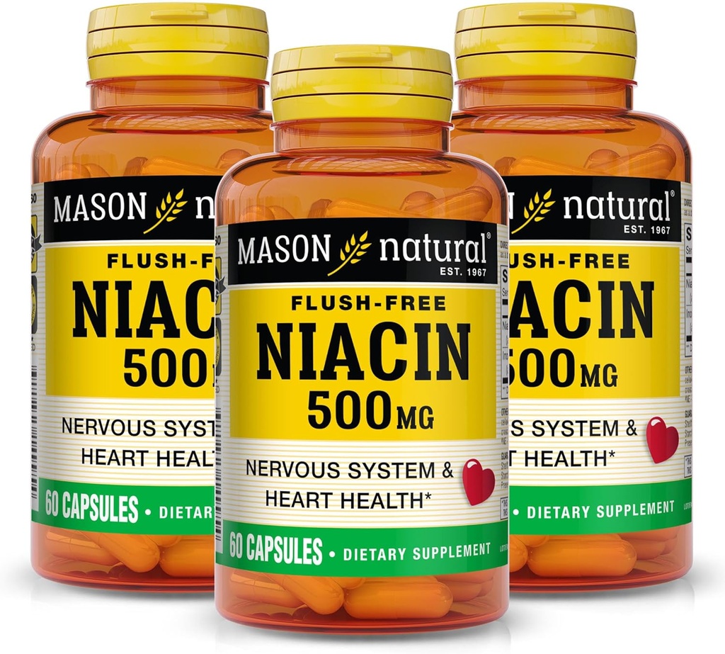 MASON NATURAL Niacin 500 mg sin fluido, soporta la salud cardíaca, sistema nervioso " producción de energía, 60 cápsulas, paquete de 3