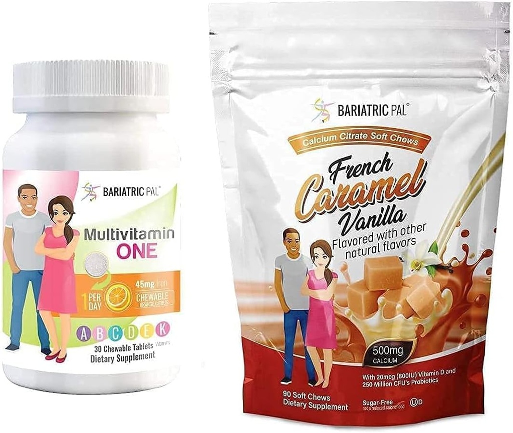 BariatricPal 30-Day Bariatric Vitamin Bundle (Multivitamin ONE 1 por día! con 45mg Iron Chewable - Orange Citrus y Calcium Citrate Soft Chews 500mg con Probióticos - Francés Caramel Vanilla)