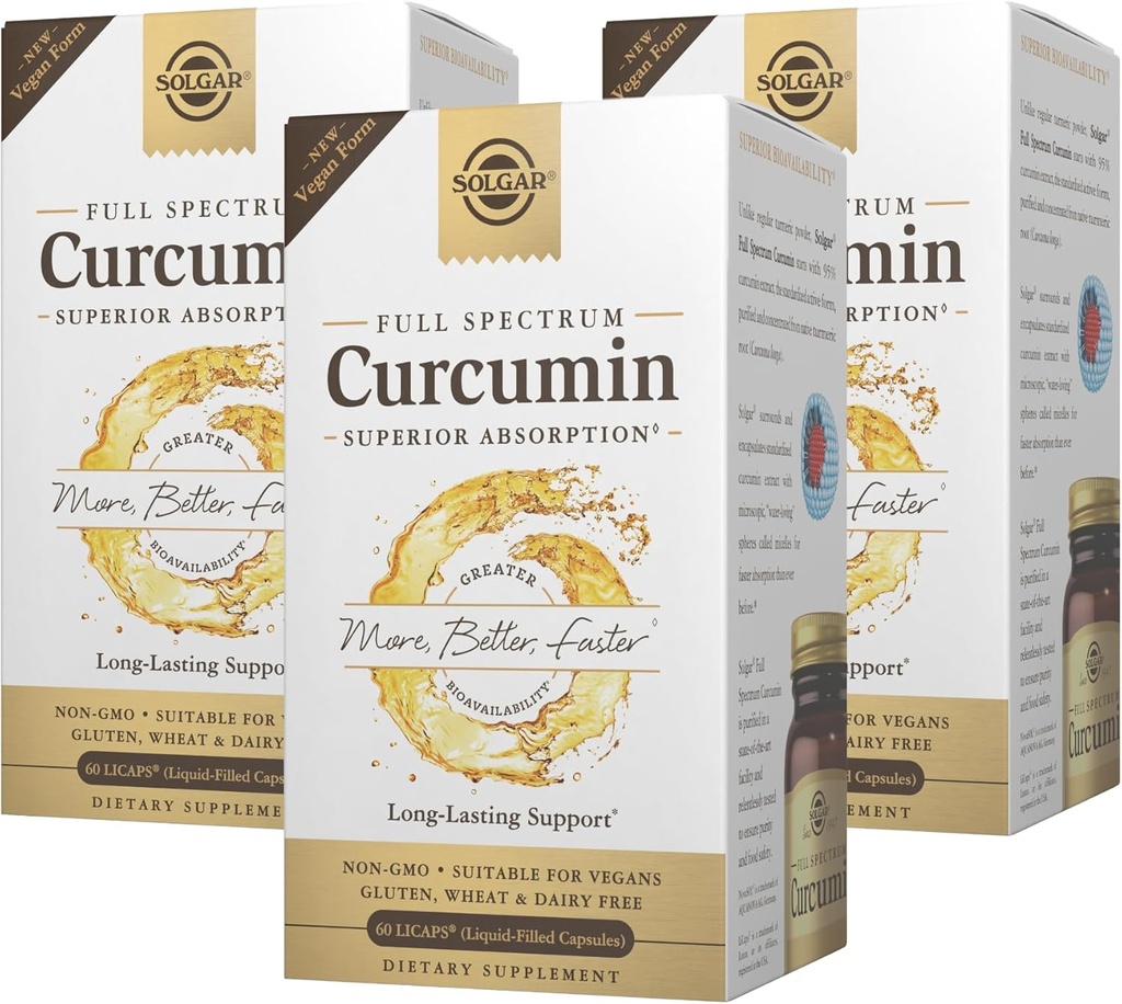Curcumina de espectro completo Solgar - 60 LiCaps, Pack of 3 - Absorción superior - Cerebro, Salud conjunta e inmunitaria - No GMO, Vegan, Gluten Gratis, Dairy Free - 180 Total Servings