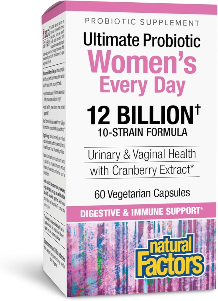 Natural Factors Ultimate Probiotic Women's Every Day - Digestive Health Support Supplement - Probiotic Supplement for Urinary Tract & Vaginal Health Support - 60 Vegetarian Capsules (60 Servings)