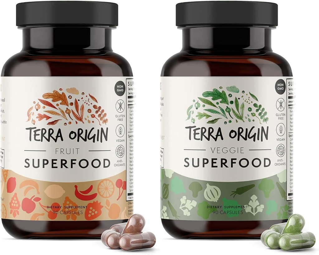 TERRA ORIGIN Fruit and Veggie Superfood Suplemento Silencio 180 Vegetarian Capsules  GMO, Gluten Free, Vegan Pills Made in USA ← Natural Antioxidante Super Fruit for Adults (2 Pack)