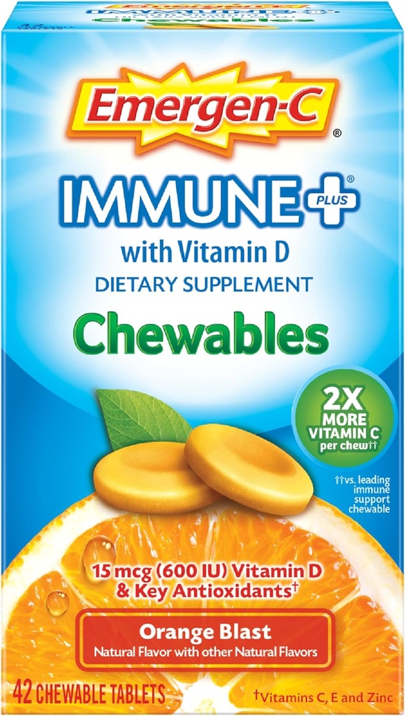 Emergen-C Immune+ Chewables 1000mg Vitamin C with Vitamin D Tablet, Immune Support Dietary Supplement for Immunity, Orange Blast Flavor - 42 Count