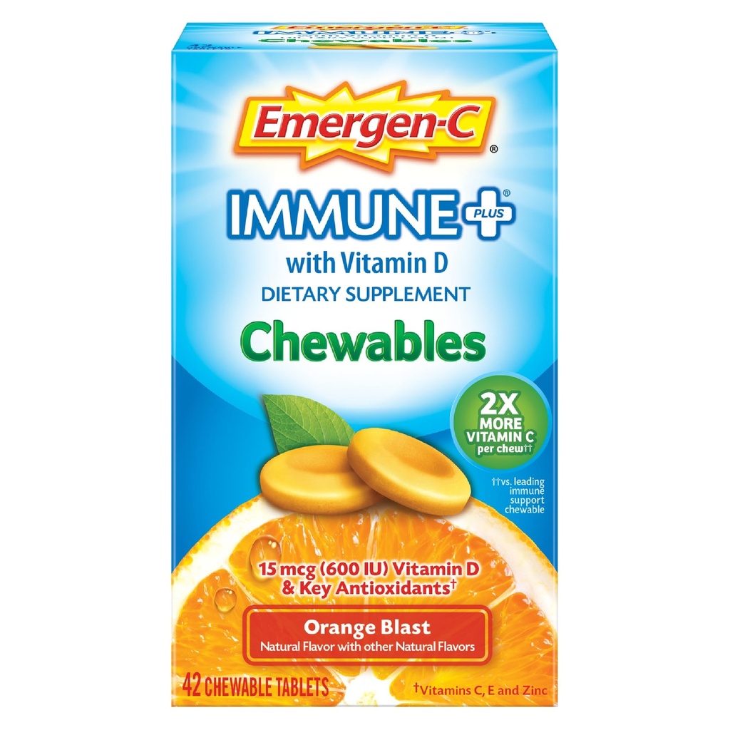 Emergen-C Immune+ Chewables 1000mg Vitamina C con Vitamina D Tablet, Immune Support Suplemento dietético para la inmunidad, Orange Blast Flavor - 42 Conde