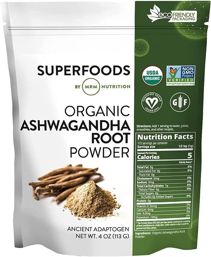 MRM Nutrición Orgánica Ashwagandha Root Powder peru Superfoods TEN Adaptogen antiguo Silencio Antioxidantes TEN Vegan + Gluten-Free ANTE 113 Servimientos