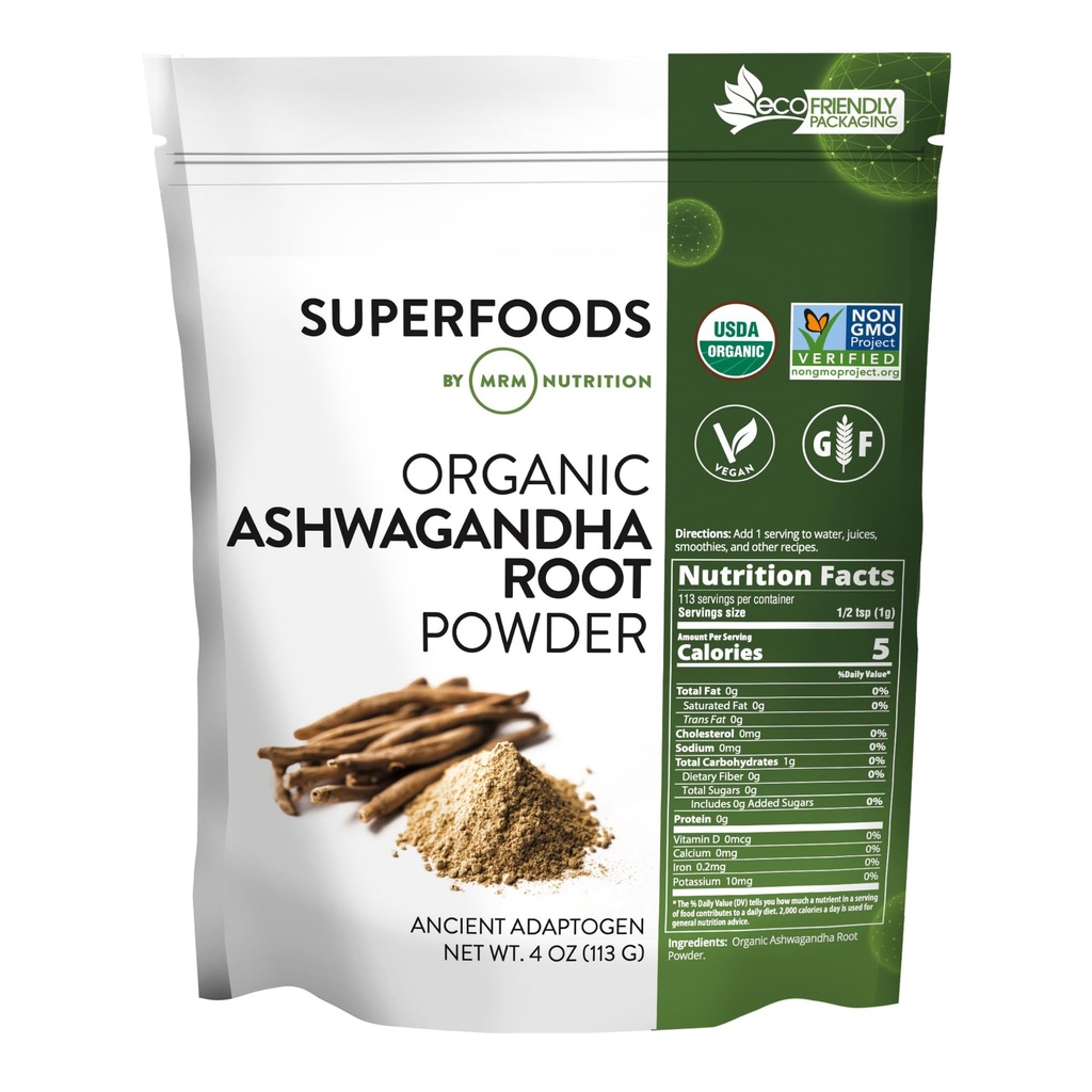 MRM Nutrición Orgánica Ashwagandha Root Powder peru Superfoods TEN Adaptogen antiguo Silencio Antioxidantes TEN Vegan + Gluten-Free ANTE 113 Servimientos