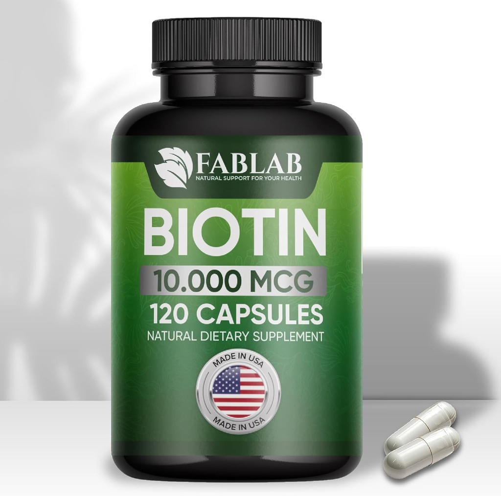 FabLab Biotin 10000 mcg Vitaminas con Collagen, Keratin para Mujeres y Hombres - Biotin Hair Skin Nails Suplemento para el cabello, la piel y la salud Wellness - Made in USA, 120 Capsules