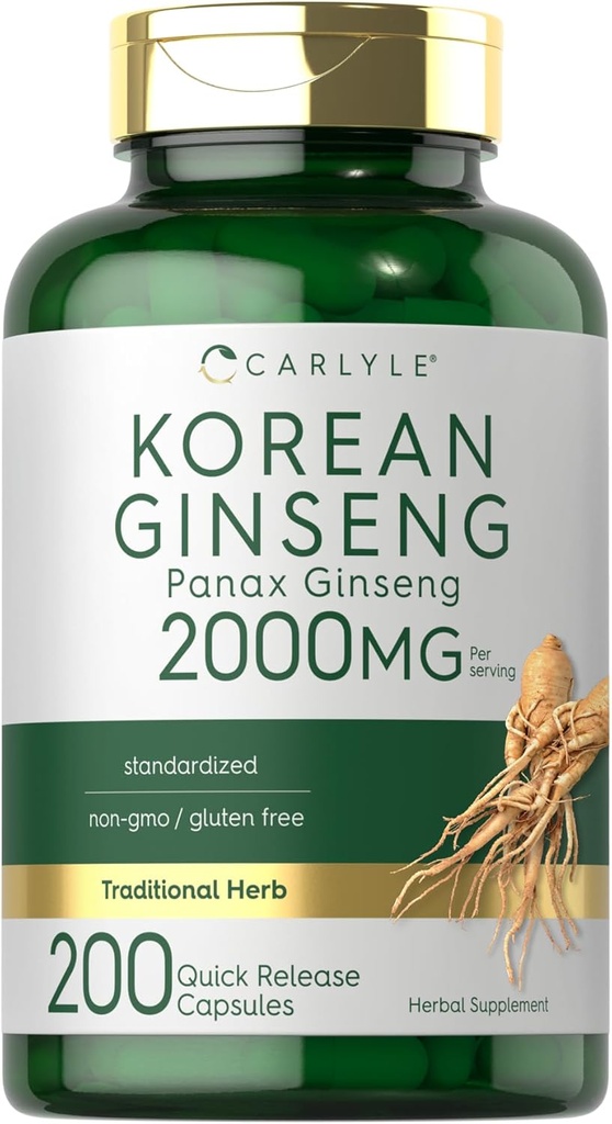 Carlyle Korean Ginseng Extract Capsules 2000 mg  200 Capsules ← Non-GMO y Gluten Free Formula ← Standardized Panax Ginseng Supplement