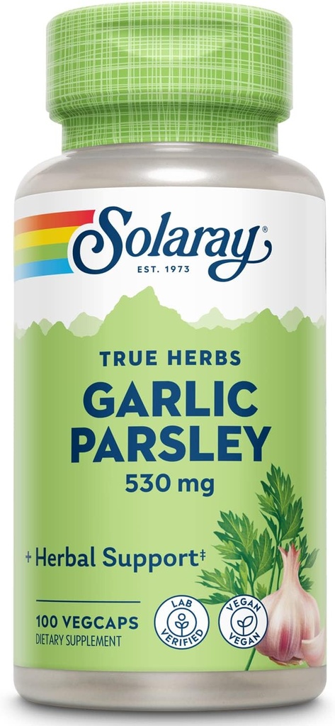 Bombilla de ajo SOLARAY &amp; Parsley Leaf 530mg ← Función sana del sistema cardiovascular e inmunológico Soporte ← No GMO, Vegan &amp; Lab Verified ← 100 VegCaps