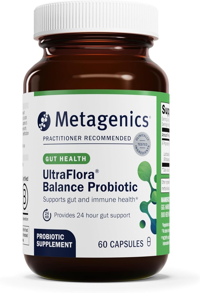 Metagenics UltraFlora Balance Probiotic - Shelf-Stable Daily Gut Health Supplement for Digestive & Immune Support* - Non-GMO &amp; Gluten-Free - 60 cápsulas