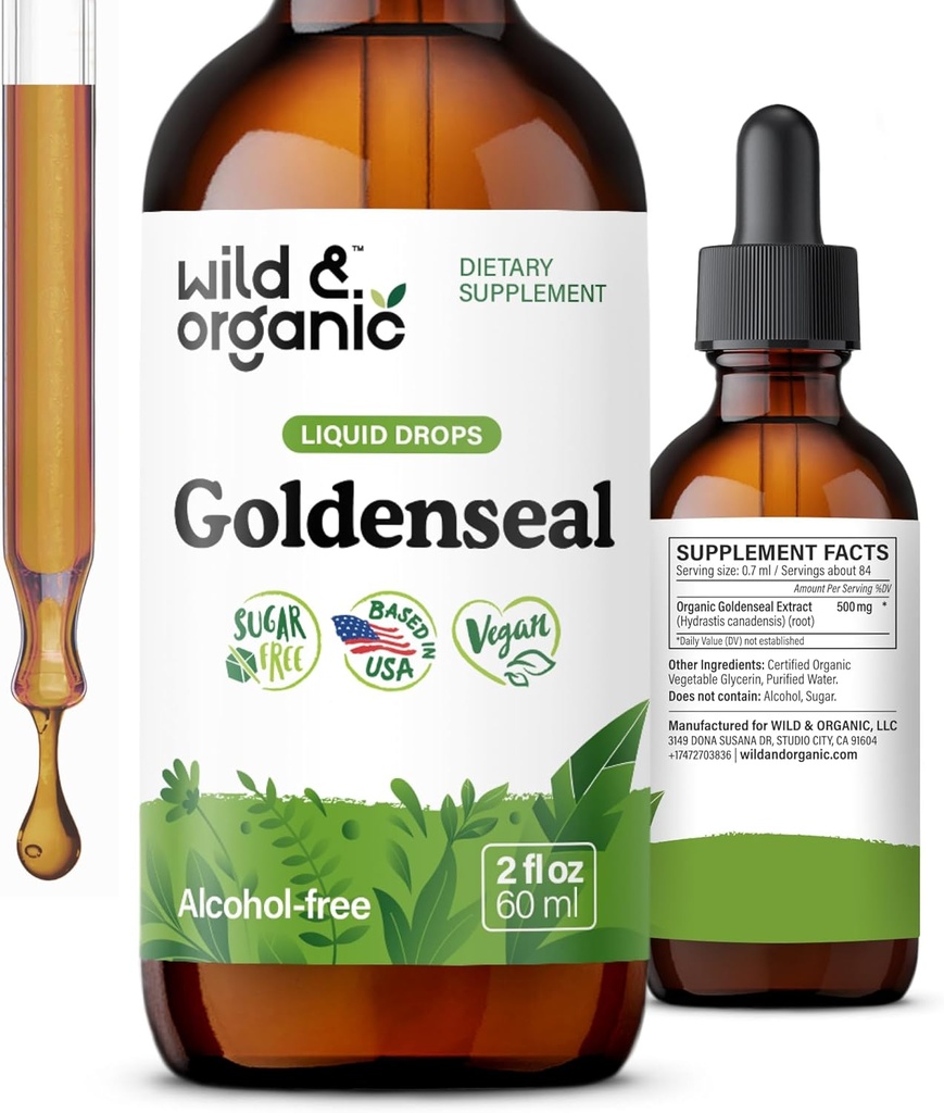Wild &amp; Organic Goldenseal Root Tincture - Lung Cleanse, Immune &amp; Digestive Support - Liquid Goldenseal Supplement - Vegan, Sugar &amp; Alcohol-Free Herb Drops - 2 fl oz
