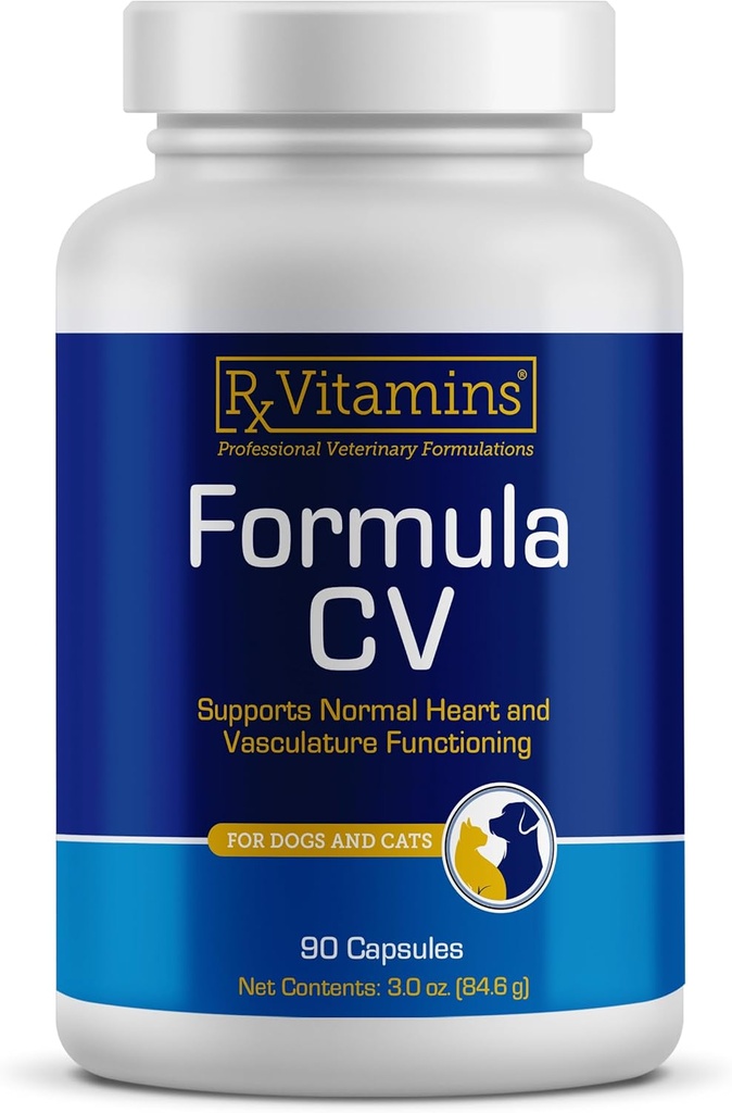 Rx Vitaminas Fórmula CV - Capsulas de Berry Hawthorn con Taurine para perros &amp; gatos - Suplementos de salud cardíaca mejorados con magnesio y potasio - Vitaminas de perros mayores y vitaminas de gatos mayores - 90ct
