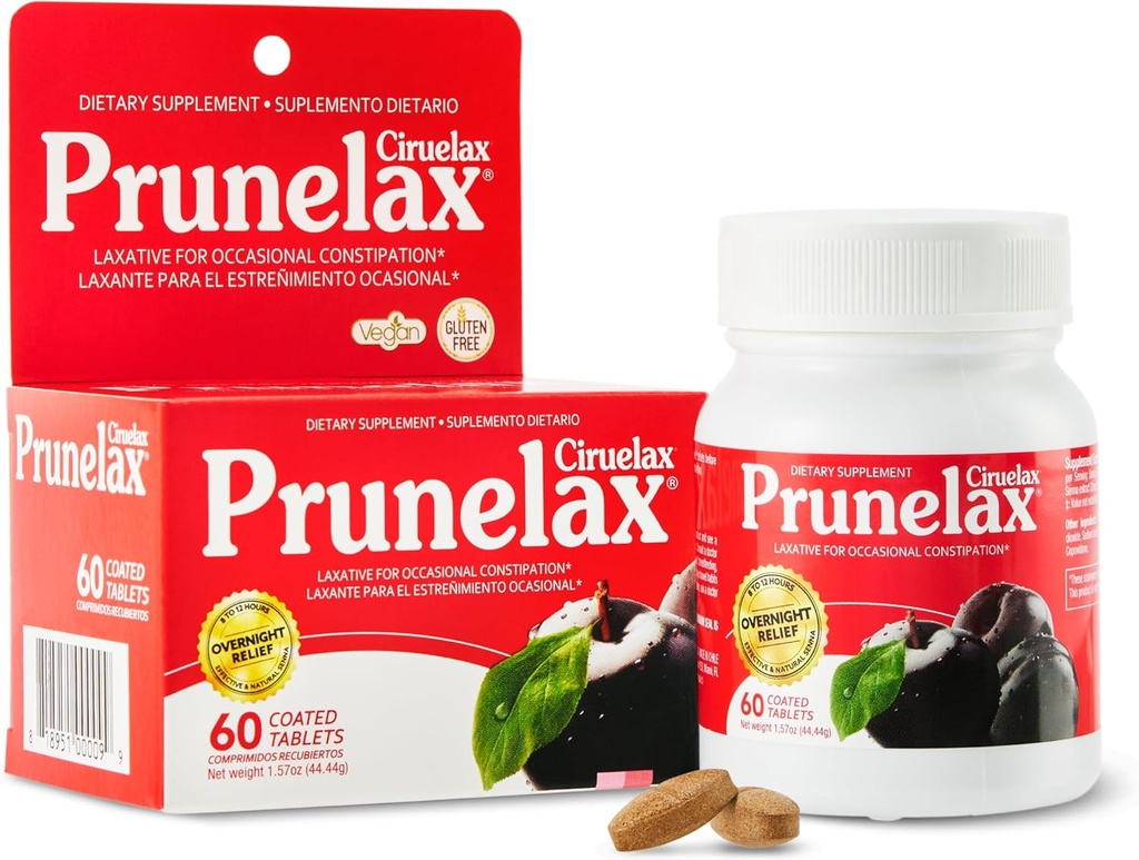 Prunelax Ciruelax Tablas Laxantes de Fuerza Ordinaria - Alivio de la noche para el estreñimiento ocasional, Extracto de Senna, Alivio Gentle libre de gluten y acción rápida - 60ct
