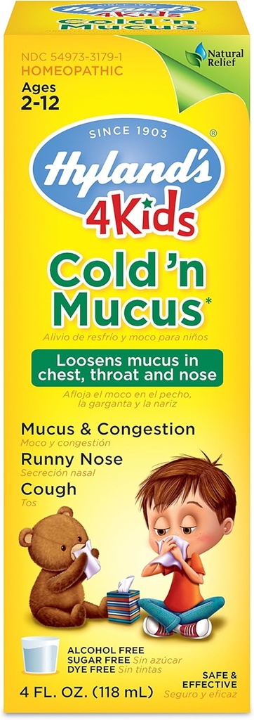 Medicina fría de Hyland para niños mayores de 2 años, Cold 'n Mucus Relief Liquid, Alivio Natural de Mucus y Congestión, Runny Nose, Tos, 4 onzas
