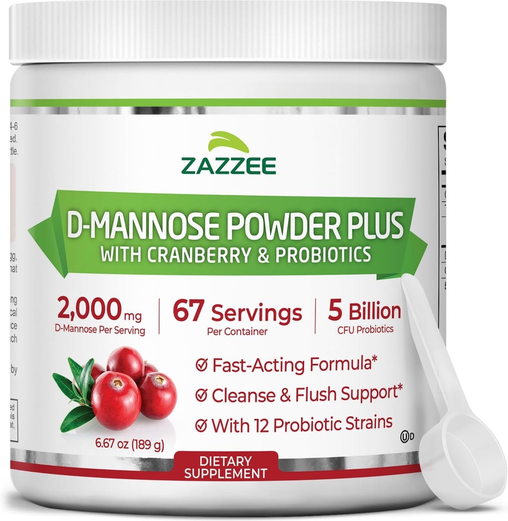 Zazzee D-Mannose Powder Plus, 2000 mg, 67 Servings, Potent " Fast-Acting, Plus 5 Billion CFU Probiotics and Pure Cranberry Juice Extract, Kosher, Free Scoop, 6.5 Oz, Gluten-Free, Non-GMO All-Natural