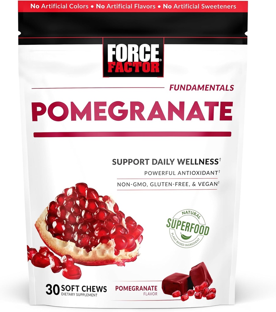 Factor de fuerza Pomegranate Soft Chews for Healthy Aging, Heart Health, Bone Health, & Brain Health, Superfood & Antioxidants Supplement, Non-GMO, Gluten-Free, Vegan, Pomegranate Flavor, 30 Soft Chews