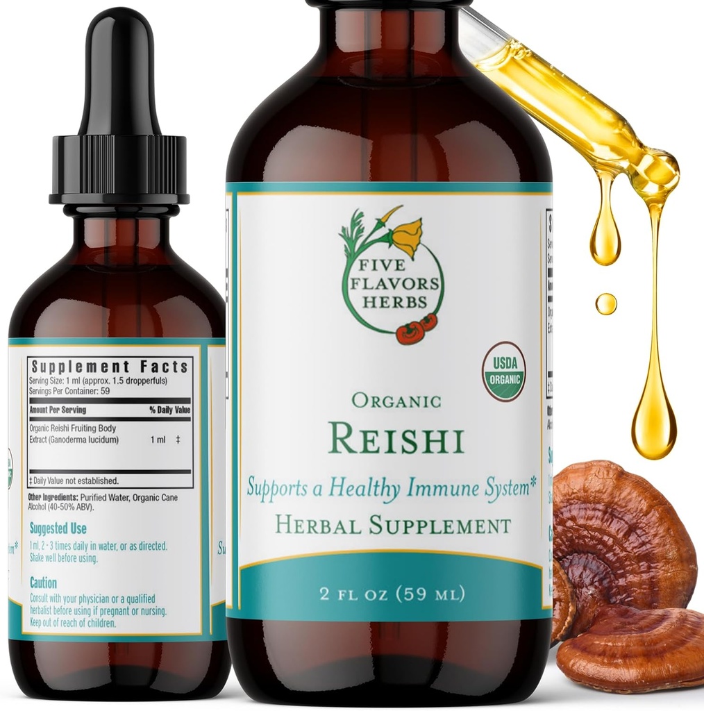 Reishi Tincture - Nervous &amp; Immune System Support, Respiratory System, Cardiovascular " Metabolic Health, Focus " Calm Mind, Herbal Supplement - 2 Fl Oz