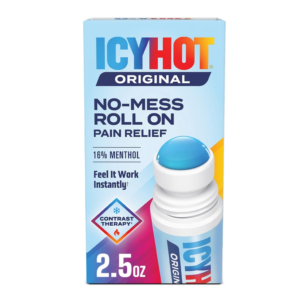 Icy Hot Original Pain Relief No-Mess Roll-On Applicator, Fast-Acting Pain Relief with Max Strength Menthol 16%, Contrast Therapy for Backaches, Joints, Muscle Strains and Arthritis, 2.5 oz