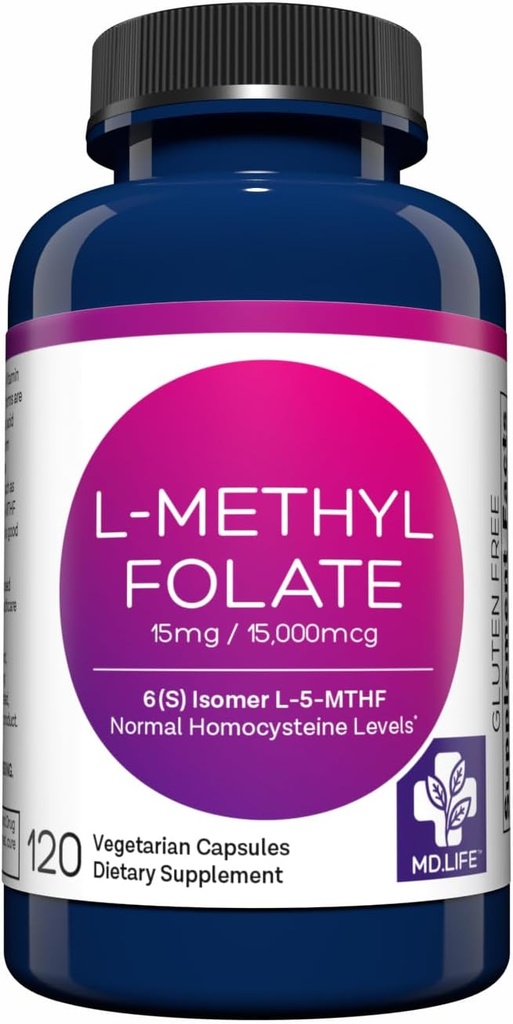 MD Life L-Methylfolate 15 mg Suplemento - Professional-Grade Active L Methylfolate Suplemento - 120 cápsulas - L-Methylfolate 15mg - Maximum Potency MTHFR W/ Essential Amino Acids
