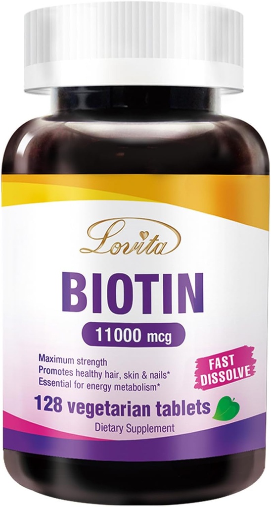 LOVITA Maximum Strength 11,000mcg Biotin: Fast-Dissolving, Vegetarian Tablets - Fácilmente Absorbed, Gluten &amp; Dairy-Free, 128 Vegan-Friendly Tablets