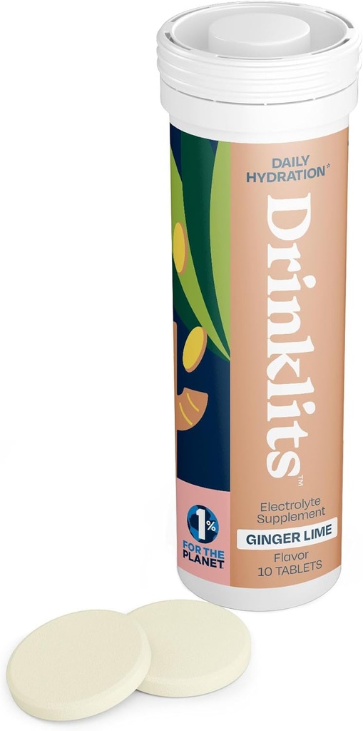 Bebidas Ginger Lime Electrolyte Tablets for Hydration ← Great Taste - 0g Sugar - Electrolitos Esenciales - Uso diario ← Tubo Único (10 Tablets/Servings)