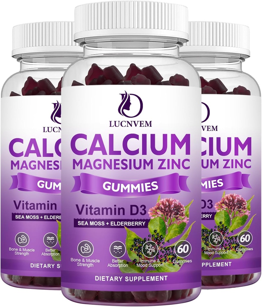 Calcio Magnesio Zinc Gummies witn Elderberry y Sea Moss, Calcio Magnesio 2:1, Contiene Magnesio Glycinate, Vitamina D3, para Huesos, Musculos, Calma Mood &amp; Sleep Support , 60 Gummies(3 Packs)