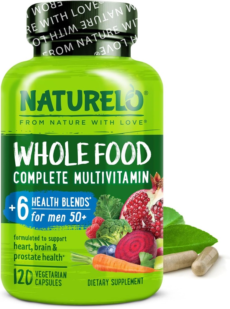 NATURELO Multivitamina Alimentaria Integral para Hombres 50+ - con Vitaminas, Minerales, Extractos Hídricos Orgánicos - Vegetariano Vegano - para Energía, Cerebro, Corazón y Ojo Salud - 120 cápsulas