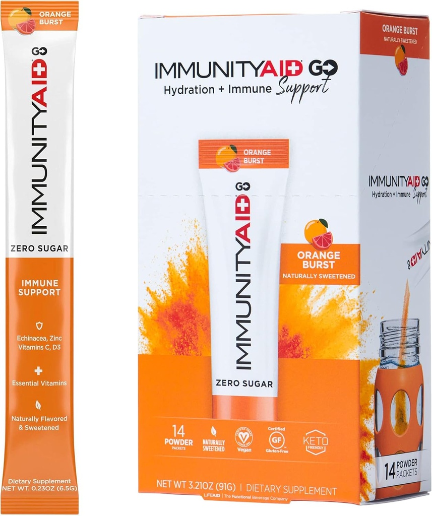 ¡Vida la inmunidad! Zero Sugar Immunity + Hydration Packet, Vitamina C, Echinacea, Zinc, Astragalus Root, Keto-friendly, Vegan &amp; Gluten-Free, 5 calorías, Naturalmente Endulzado, No Caffeine, 14 Pack