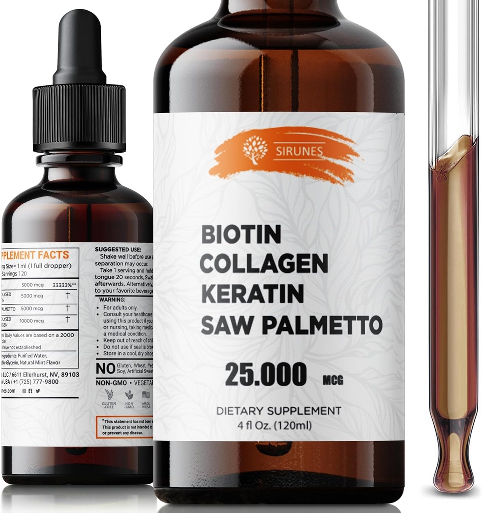 Biotina líquida y colágeno – Pelo, Piel &amp; Nails Suplemento con 10,000 mcg Collagen, 5,000 mcg Biotin, 5,000 mcg Keratin & Saw Palmetto – Hecho en EE.UU., 4 fl oz