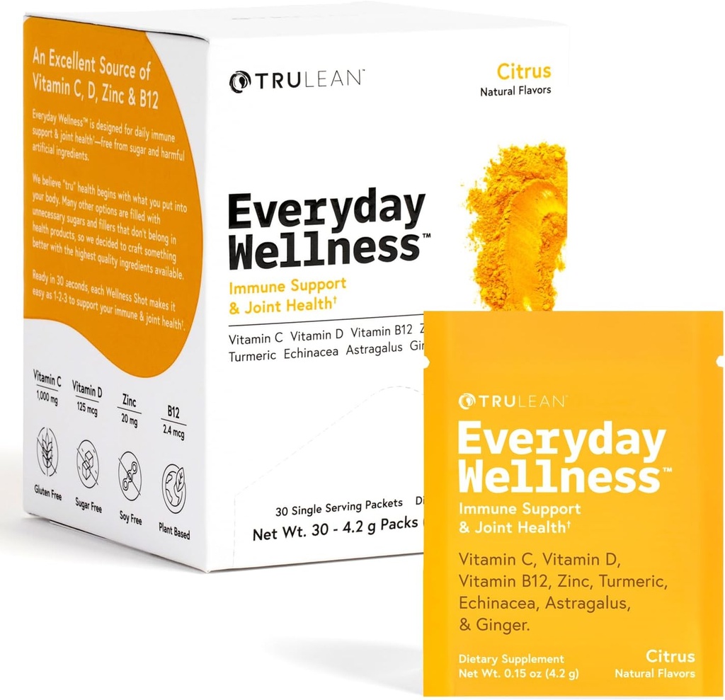 TRULEAN Everyday Wellness Shot Powder - Turmeric, Ginger, Vitamina C, Inmunity &amp; Immune Support Suplemento - No Artificial Ingredients, No Sugar &amp; Gluten Gratis - 30 Packets Citrus Flavor