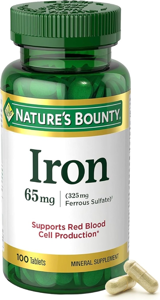 Bounty Iron 65mg de la naturaleza, 325 mg Sulfato ferroso, Soporte de energía celular, promueve la producción de células rojas normales, 1 servicio por día, sin gluten, 100 tabletas vegetarianas
