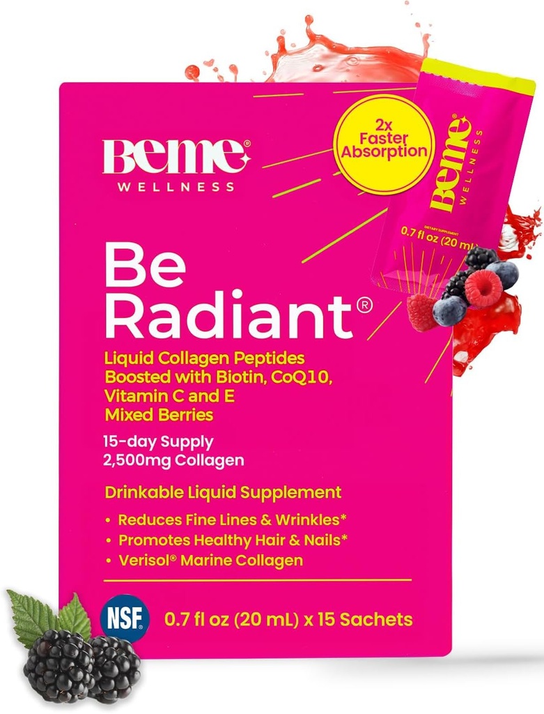 BeMe BeRadiant Líquido Collagen Peptide for Hair, Skin & Nails with 2X Faster Absorption – Testado clínico – 2500mg Verisol Hidrolyzed Collagen Suplementos para Mujeres con Biotina, CoQ10 & Vitamina C