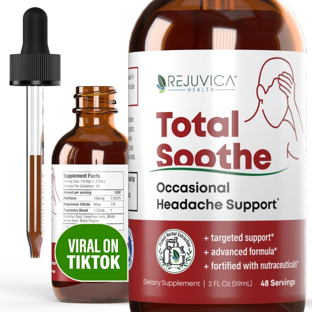 Rejuvica Health Total Soothe - Advanced Occasional Headache Support Supplement - Liquid Delivery for Better Absorption - Feverfew, Riboflavin, Butterbur, Black Pepper &amp; More!