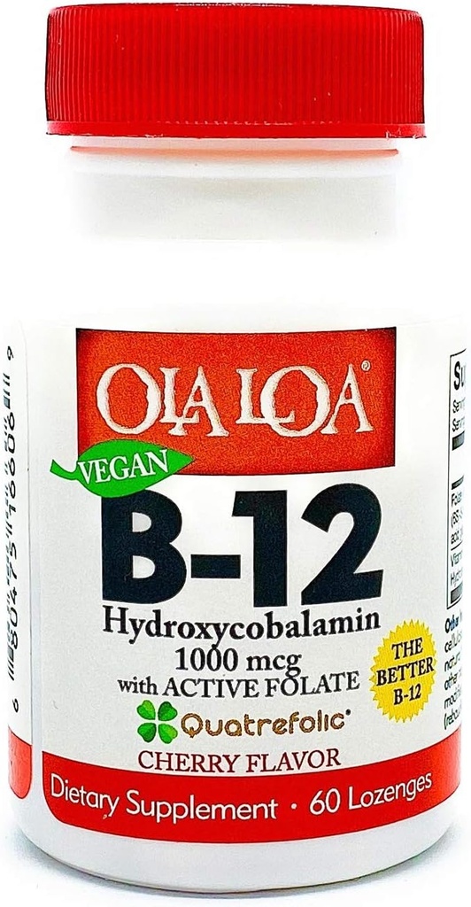Ola Loa Vitamina B12 Sublingual Cherry Suplemento dietético - HydroxyCobalamin, Active Folate, Vegan Fórmula - Promover la energía de su cuerpo, Nerve y Brain Support - 60 Tablets