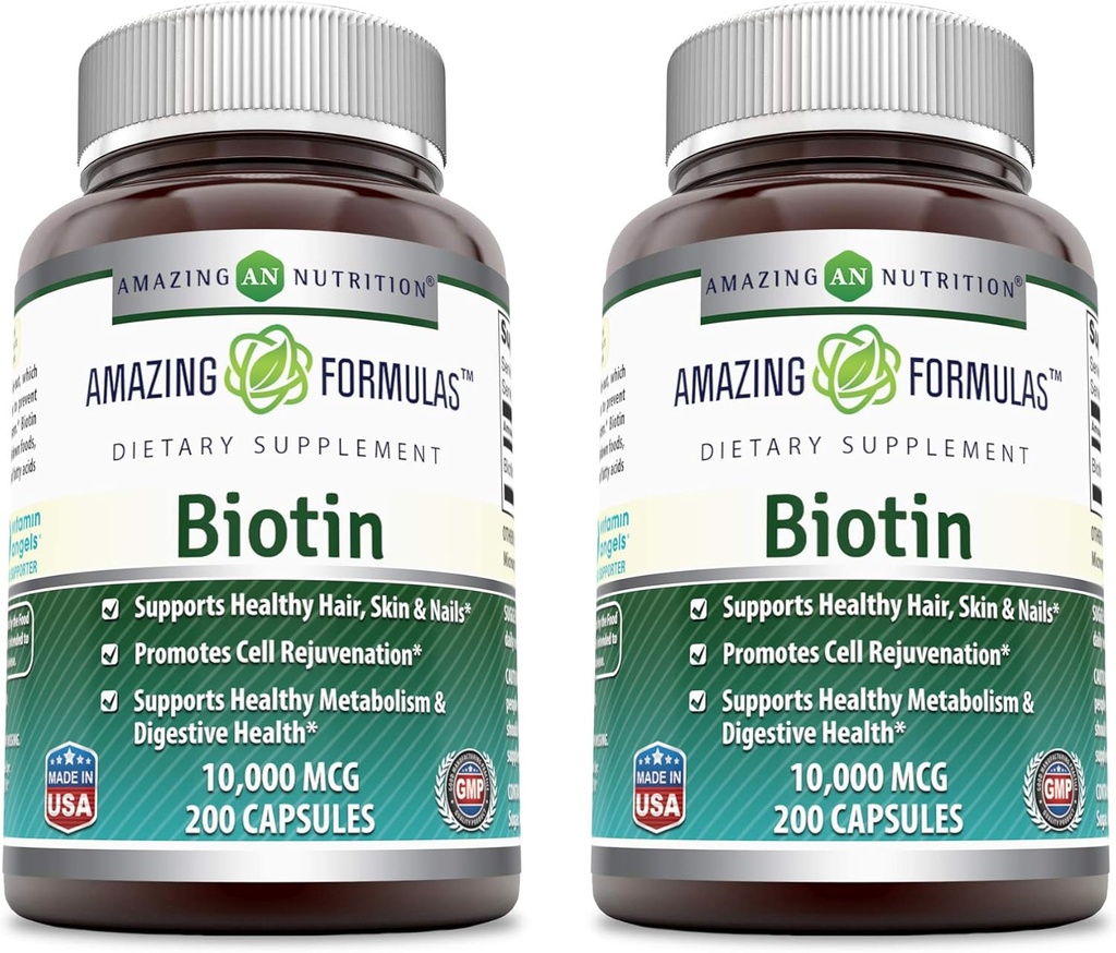 Fórmulas increíbles Biotin 10000 mcg Veggie Capsules ← Vitamina B7 Suplemento  Non-GMO Silencio Gluten Free ← Made in USA (200 Count peru 2 Pack)