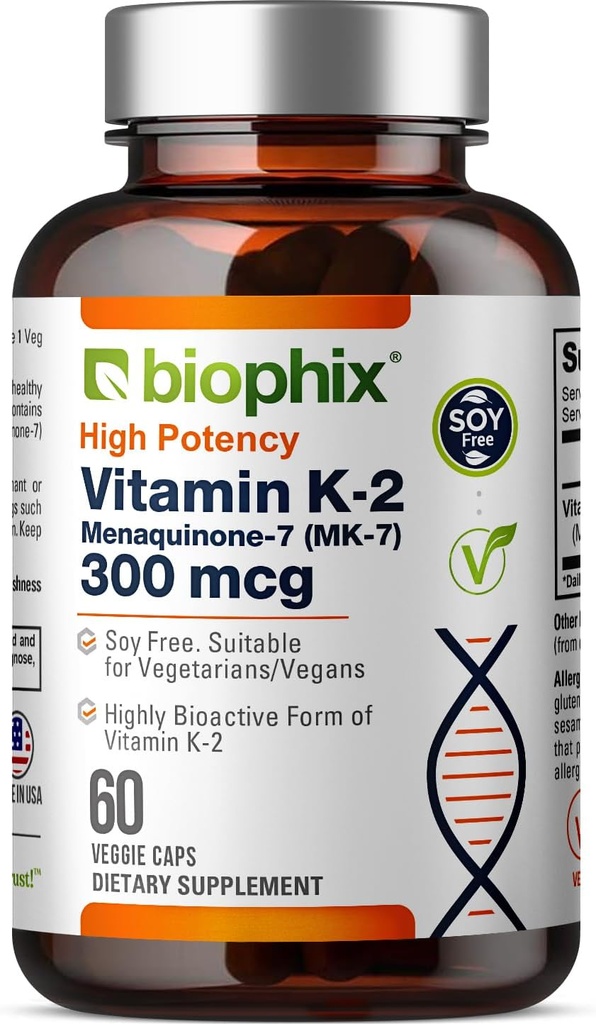 biofijo Vitamina K2 MK-7 300mcg, 60 cápsulas veganas – Suplemento de alta potencia para la fuerza ósea y la salud inmune