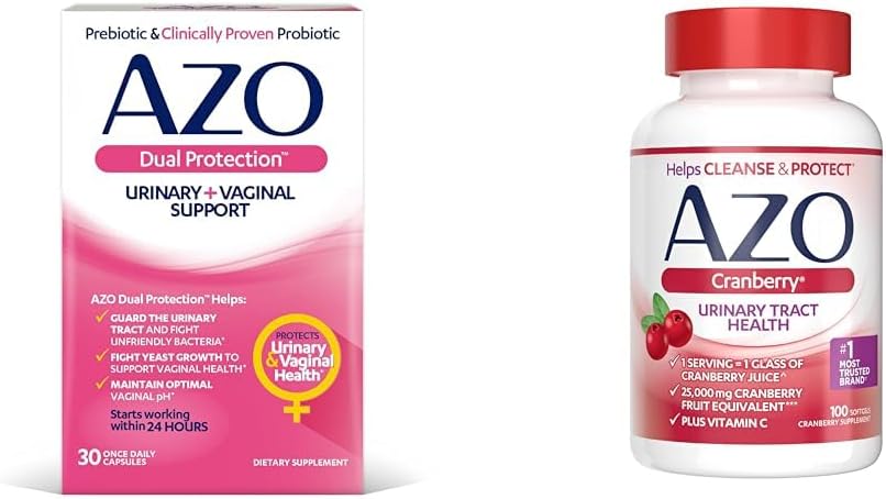 AZO Dual Protection ¦ Urinary + Vaginal Support* ⋅ Prebiotic Plus Clinically Proven Women's Probiótico Silencio Comienza a trabajar dentro de las 24 horas latitud No-GMO ← 30 Conde & Cranberry Urinary Tract Health Supplement