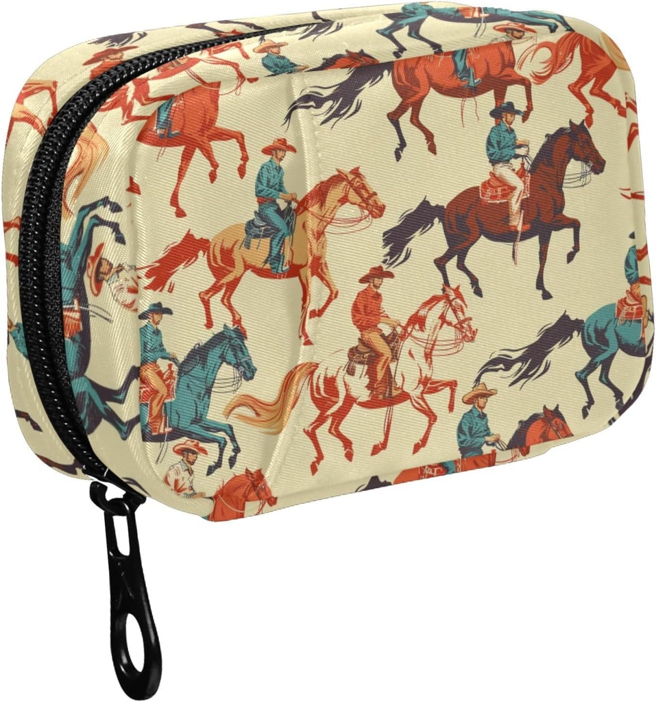 Fustylead Vibrant Retro Western Cowboy Horse Pill Organizer for Purse, Weekly Portable Pill Box with Zipper to Storage Vitamins Fish Oils Medications Supplements