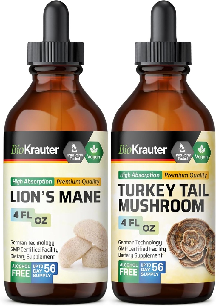 BIO KRAUTER Mane Tincture de León 4 Fl. Oz. & Turquía Tail Mushroom Tintura 4 Fl. Oz.