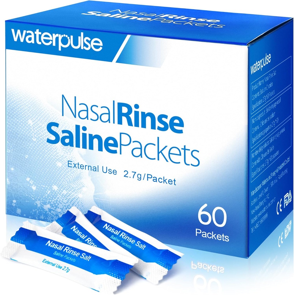 Waterpulse 60 Nasal Rinse Packets,Effective Neti Pot Salt Packets,Nasal Rinse Salt Packets Agitado individualmente - Solución conveniente para la sinusitis, alergias y alivio frío