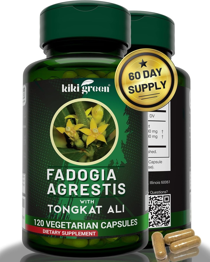 KIKI Green Fadogia Agrestis and Tongkat Ali Herbal Supplement - 1000mg Por Serving - 120 Vegan Capsules for Daily Boost and Vitality
