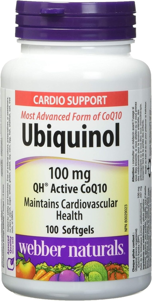 Webber Naturals Ubiquinol 100mg QH Active CoQ10, 100 softgels
