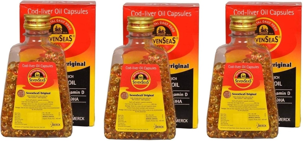 Seenseas Cod Liver Oil 500 softgel Capsules (Pack of 3) | 500 * 3=1500 Capsules | Pure Vitamin Rich | Best Immune Health, Healthy Bones & Muscles Dietary Supplement