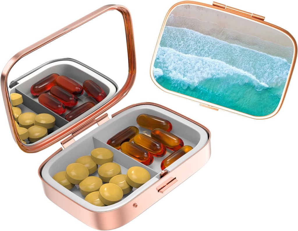Cute Small Pill case for Pockets & Purses,Elegant Pill Box hace un gran regalo,2 Compartment Travel Medicine Organizer Tiendas Progesterone,Capsule Pills, Ibuprofeno, Vitamins-Rose Gold Color Beach