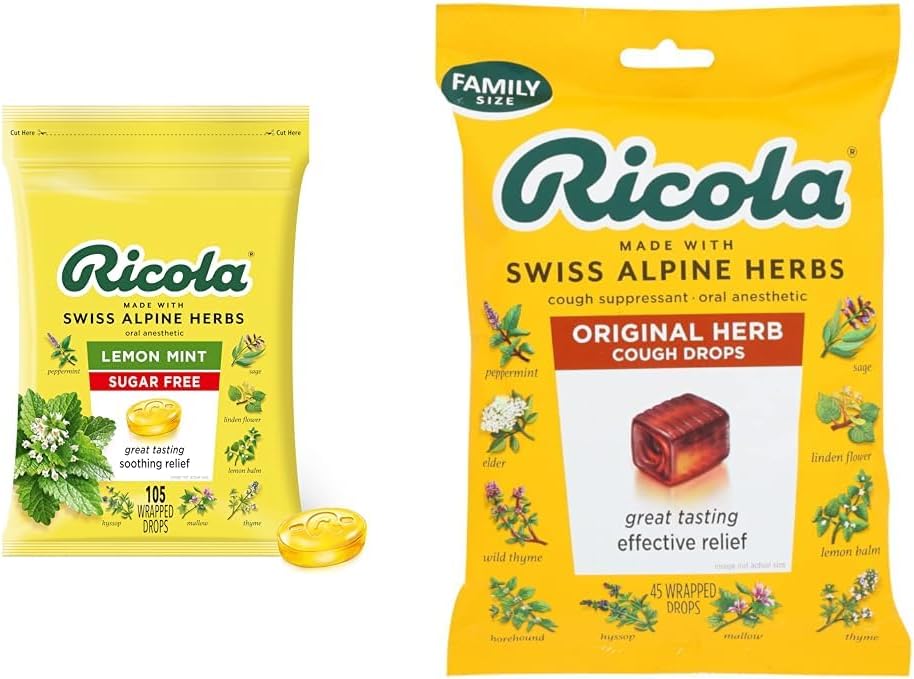 Ricola Sugar Free Lemon Mint Herbal Cough Suppressant Throat Drops, 105ct Bag & Original Natural Herb Cough Suppressant Throat Drops, 45 gotas, Fights Coughs Naturally