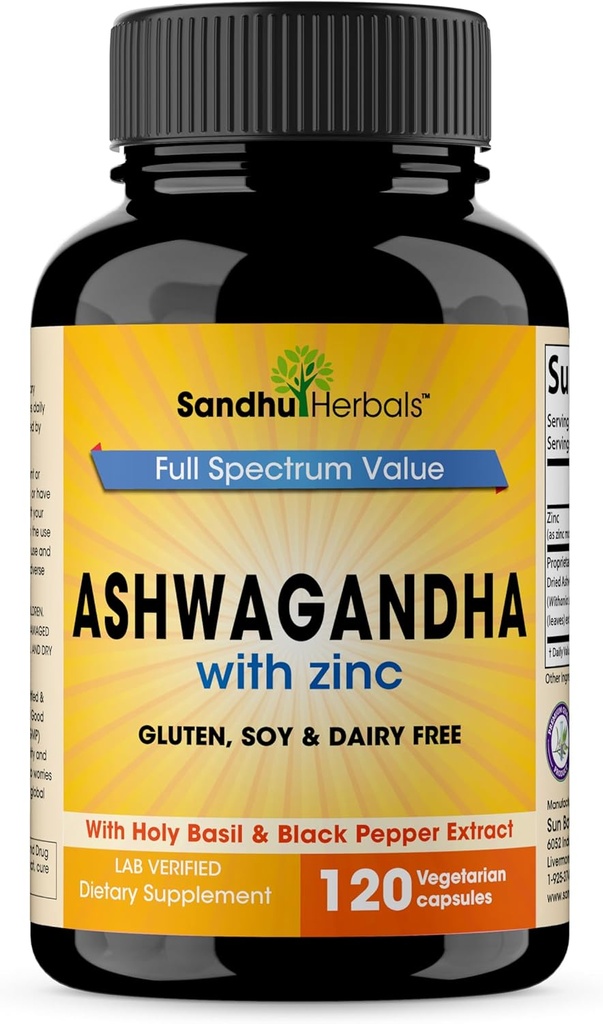 SANDHUHERBALS Sandhu Herbals Ashwagandha Suplemento perpetua 120 Orgánica 4 en 1 cápsulas, 2 Meses Abandonar con Zinc, Black Pepper & Holy Basil Extract soporta Immune Health permanente Non-GMO