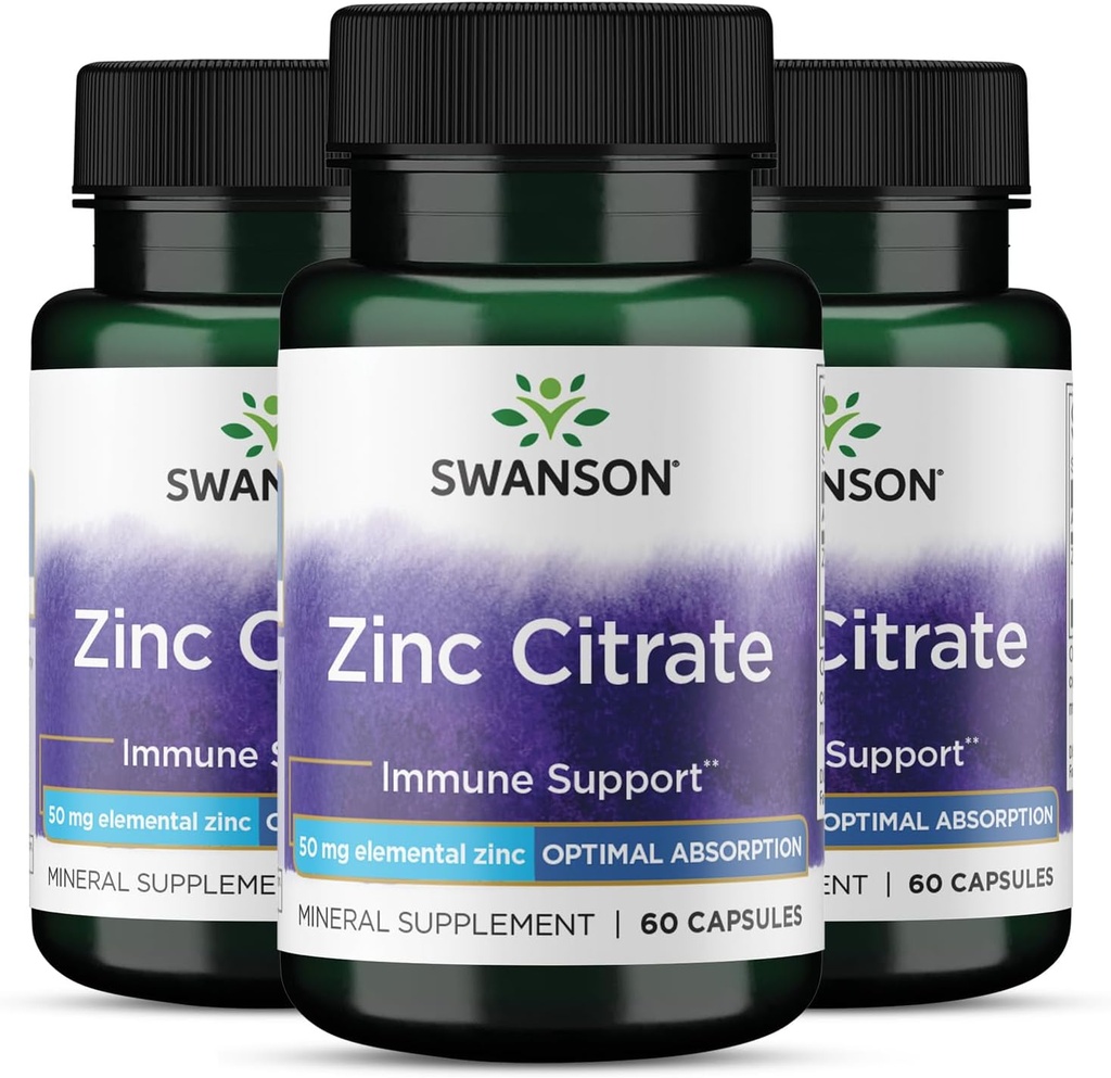 Citrato de zinc Swanson - Suplemento Mineral Promoción Visión saludable &amp; Sistema de inmunología Salud - Fórmula natural Apoyo Wellness general - (60 cápsulas, 50 mg cada uno) 3 Pack