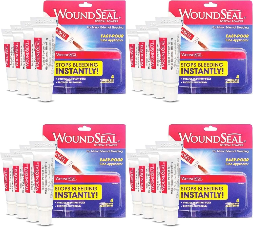 WoundSeal Powder 4 Cada uno (Pack of 4) - Cuidado de heridas Primeros auxilios para cortes, escrapes y abrasiones - deja de sangrar en segundos sin manchas o bandages