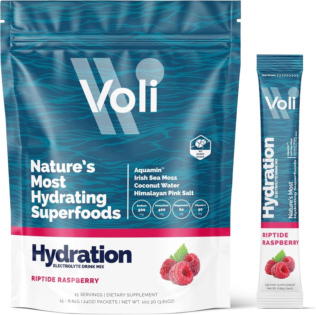 Voli Electrolytes Powder Packets ← No Añadido Sugar Electrolyte Drink Mix for Hydration ¦ Keto & Fasting Friendly, Natural Superfoods & Minerals ← Raspberry 15-Count