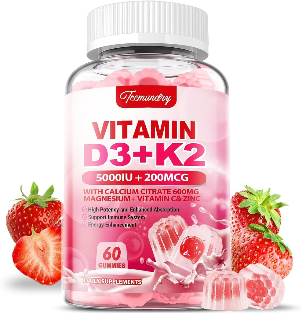 Vitamina D3 K2 Suplemento para Adultos - Vitamina D3 5000 UI + K2 200 mcg - VIT D3 K2 Gummies con Calcio 600mg Magnesio Zinc &amp; Vitamina C para Hombres - Soporte B0ne, Muscle Immune